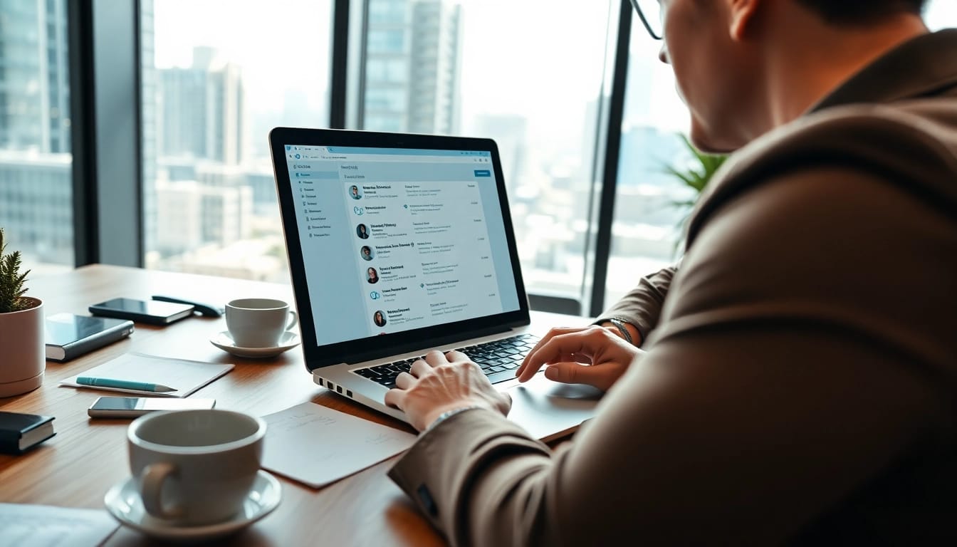 Engage with a linkedin email scraper tool showing data analysis in a modern office.