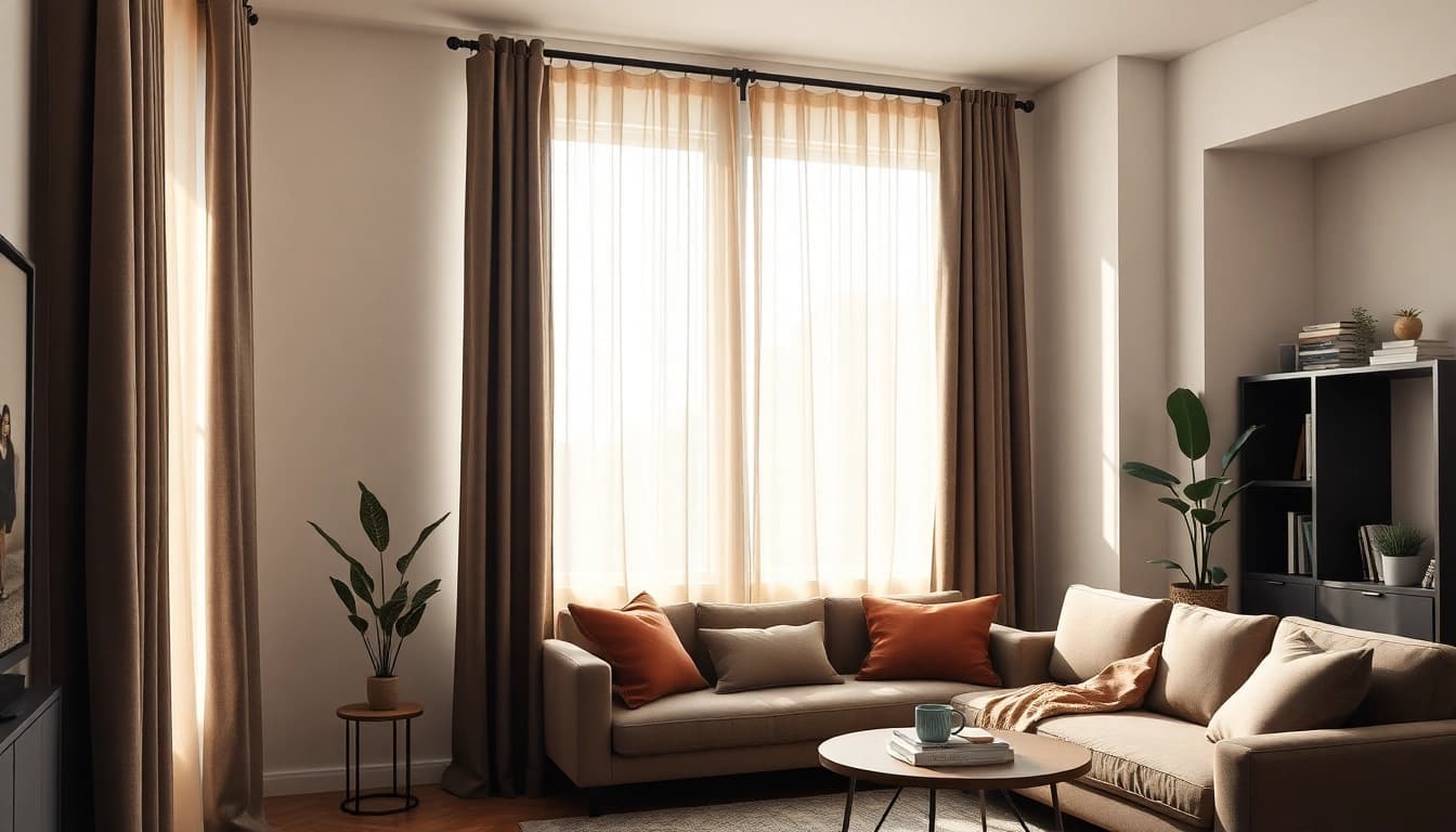 Verduisterende gordijnen die elegant licht blokkeren in een moderne woonkamer.