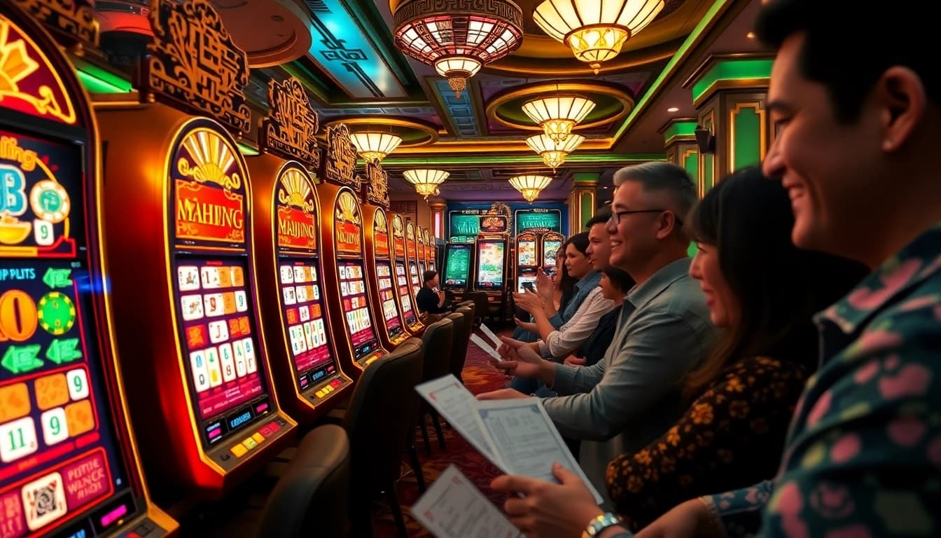 Engage in a mahjong slot demo with vibrant casino visuals showcasing excited players and dynamic slot machines.