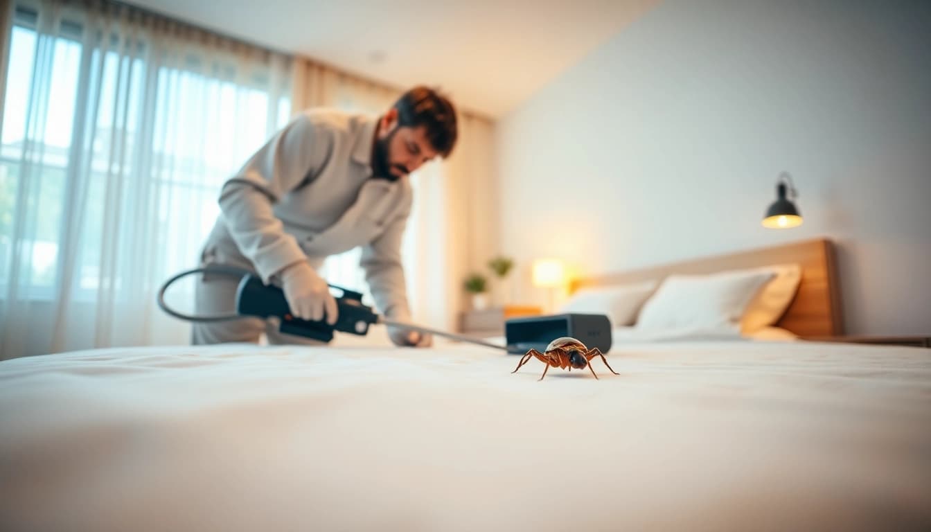 Bed bug extermination near me with a professional exterminator inspecting a bed.