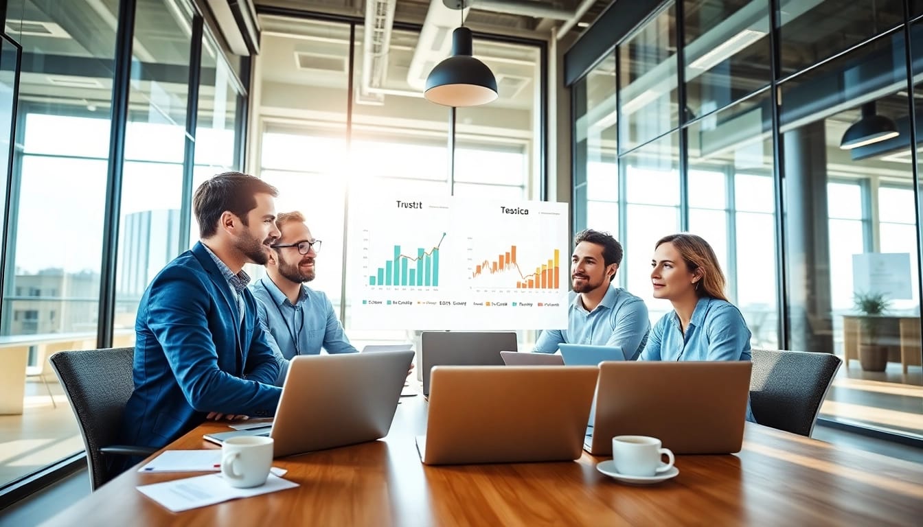 Analyze SEO performance data with a professional team in a bright office setting.