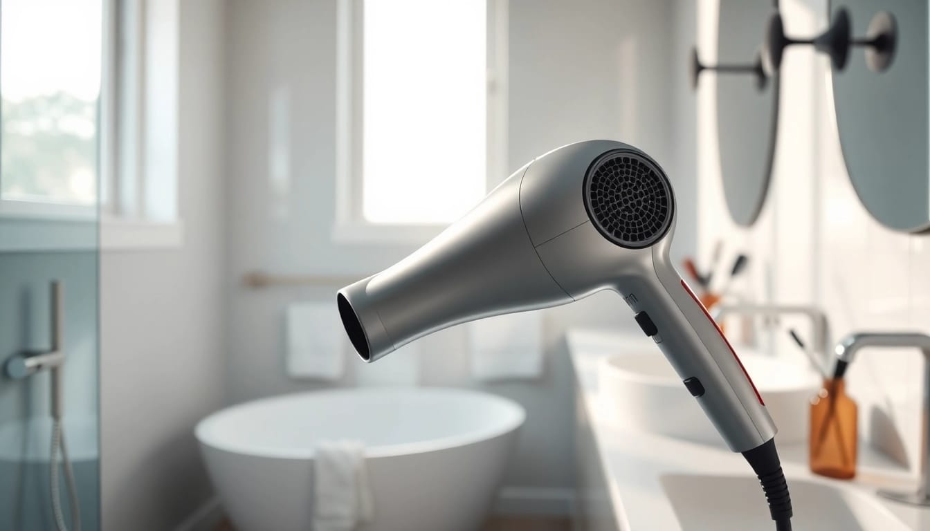 Using a hair dryer for fine hair positioned in a modern bathroom setting.
