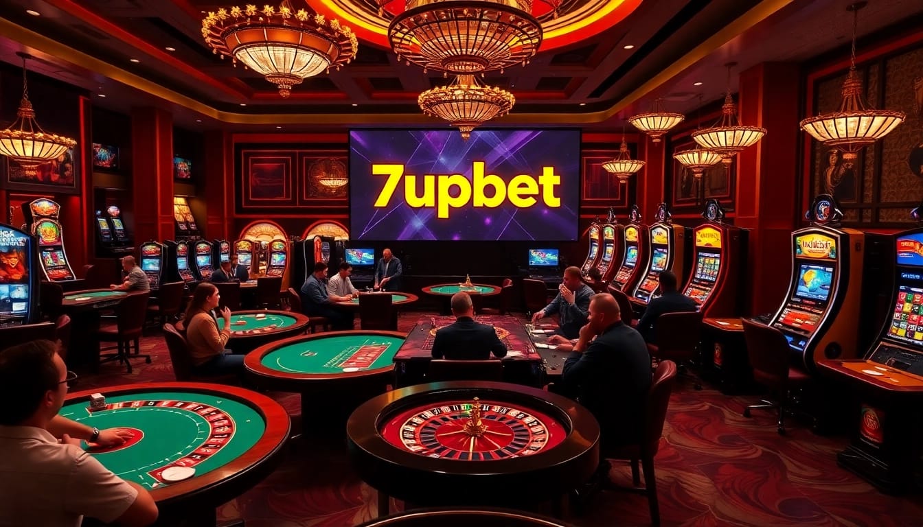 Players enjoying casino games with 7upbet branding, showcasing excitement and luxury.