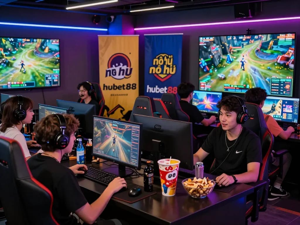 Excited gamers enjoying nổ hũ hubet88 in a lively esports lounge with vibrant neon lighting.