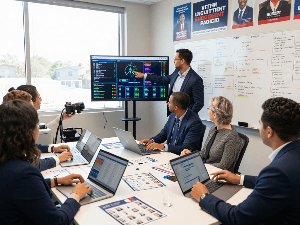 Voter engagement analytics visualized in a busy campaign office, showcasing diverse team collaboration.