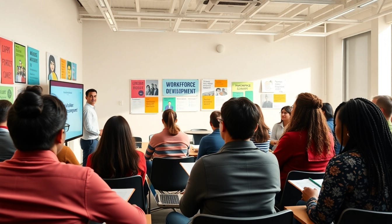 Showcasing a vibrant workforce development workshop with engaged participants learning and collaborating.