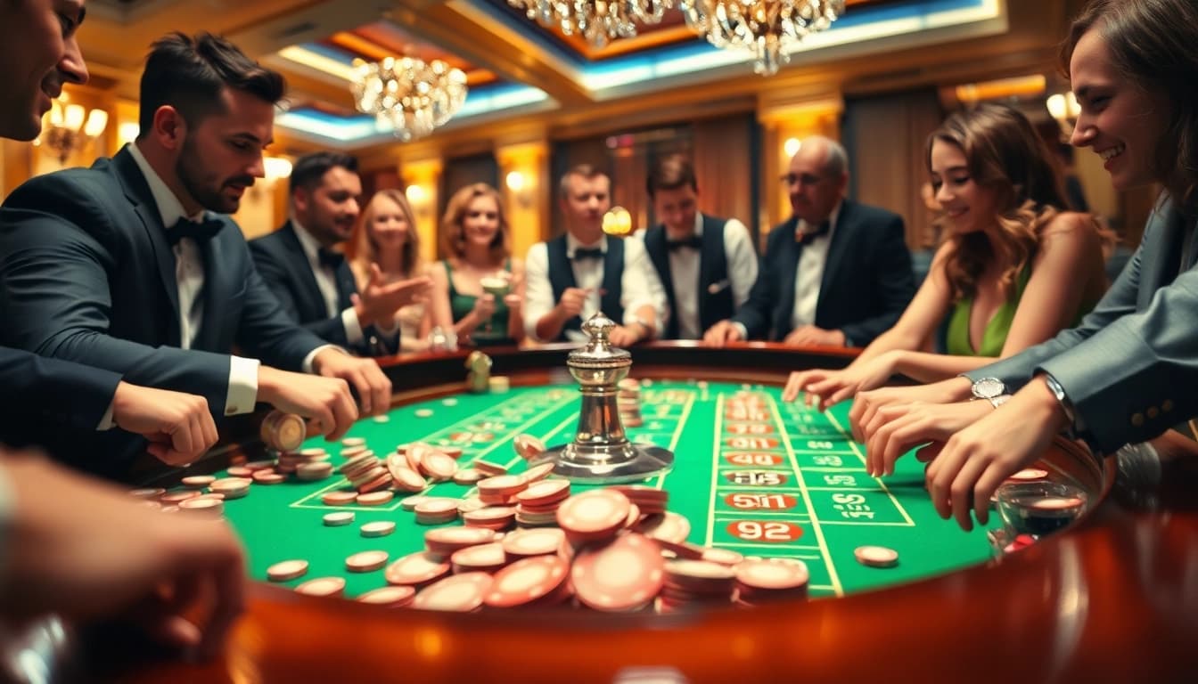 Engaging scene of players at cs2 gambling sites reddit with roulette excitement, chips, and vibrant lighting.