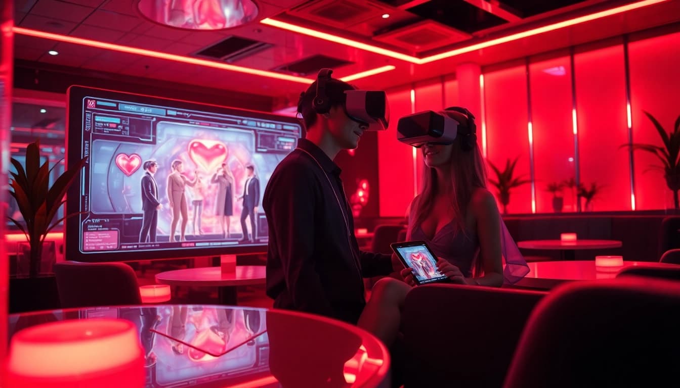 Realistic depiction of NSFW AI interaction in a modern virtual lounge.