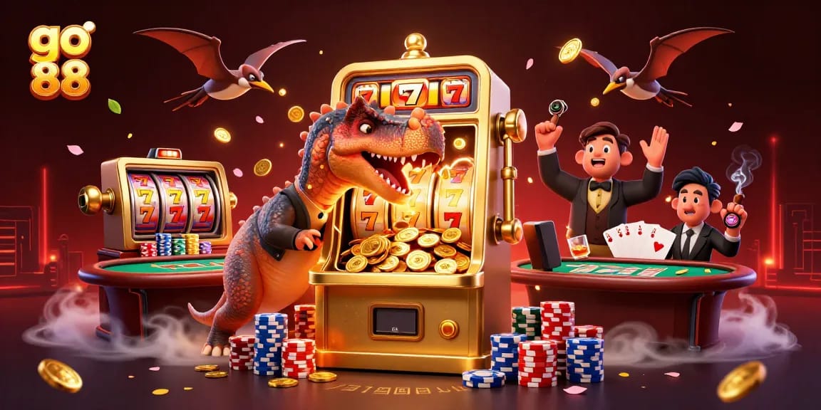 go 88 explosion of jackpot coins as a pachycephalosaurus hits a slot machine