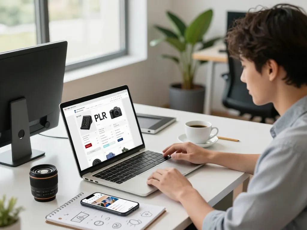 Buy PLR Products Online in a modern workspace with laptop and marketing notes.