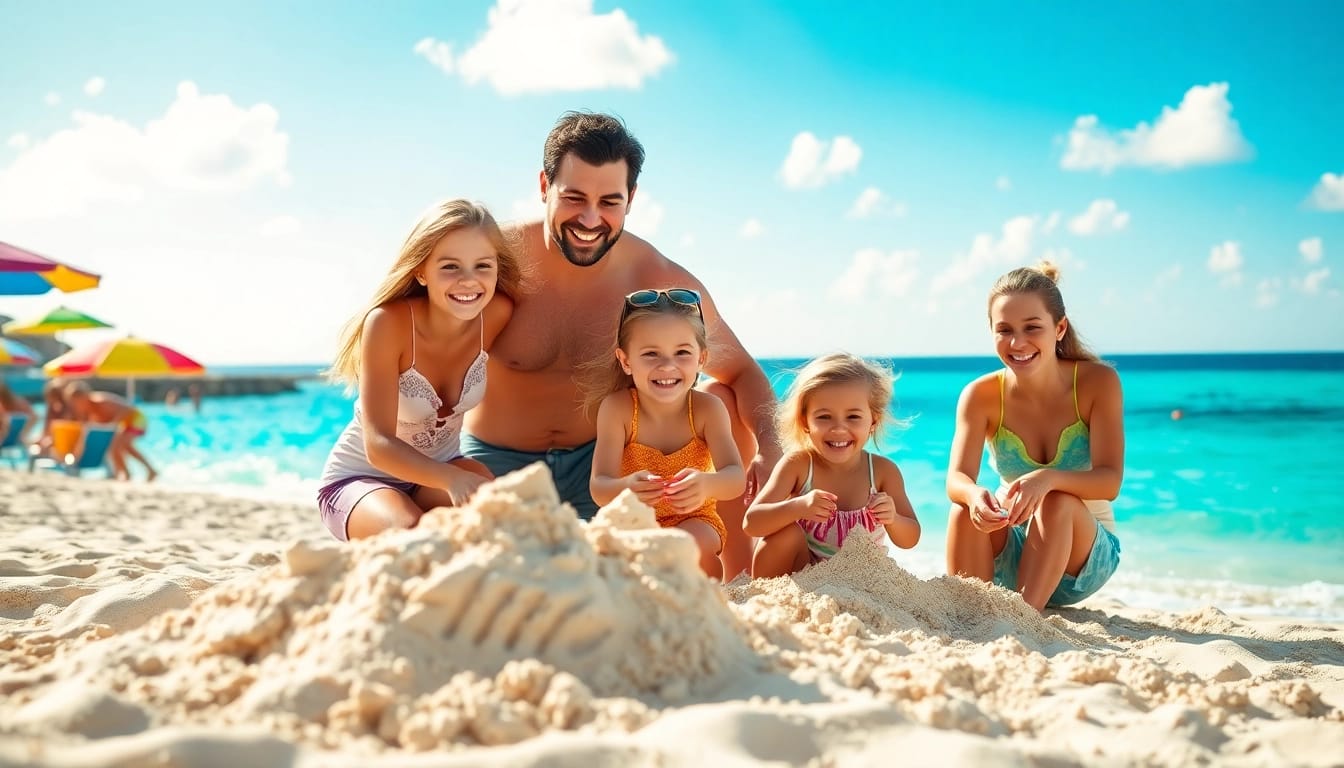 Engaging in Cabo family activities, a family enjoys sandcastle building on the beach.