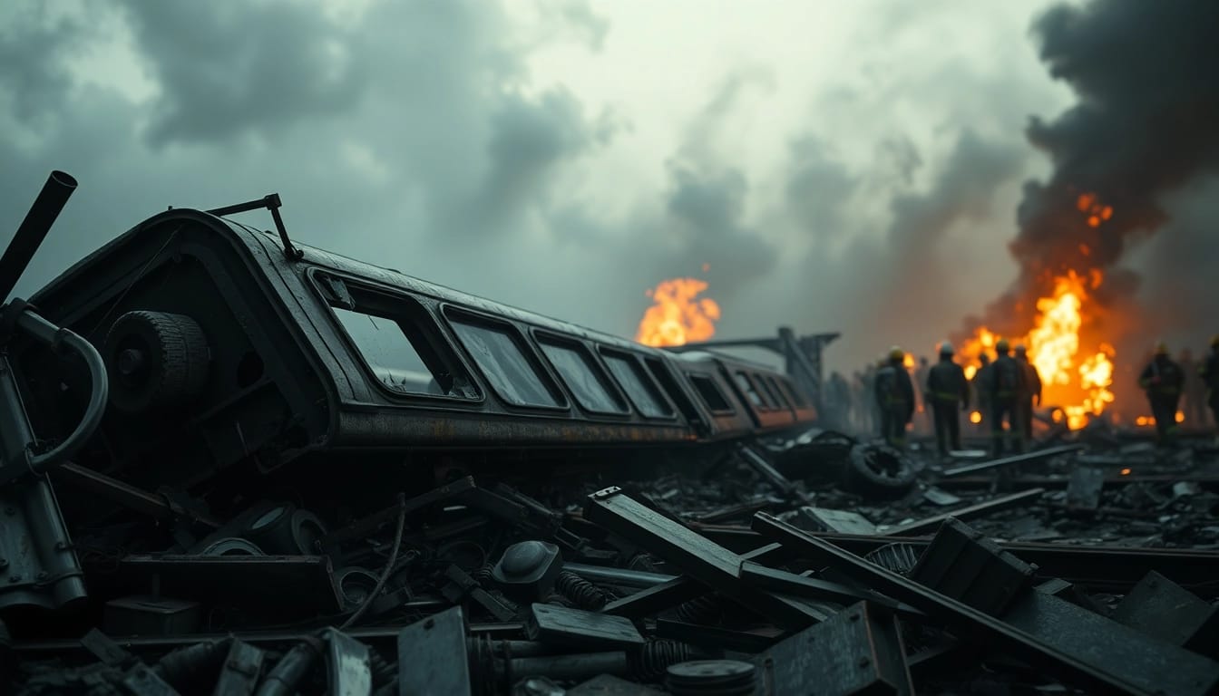 Scene of spain train crash with emergency responders amid wreckage and chaos.
