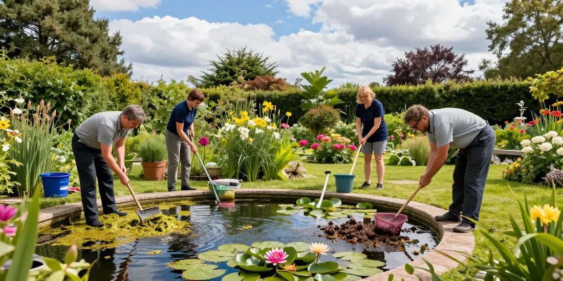 Pond Clean Essex team skillfully cleaning a vibrant garden pond, surrounded by greenery and water lilies.