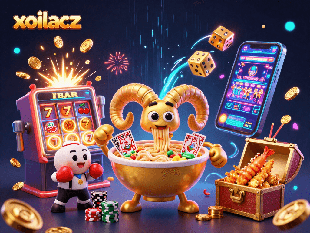 Experience exhilarating gaming with xoilacz avatars in a packed casino-themed illustration.