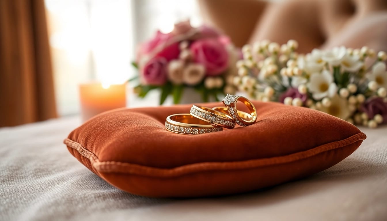 Showcasing exquisite wedding bands featuring intricate designs and sparkling gems.