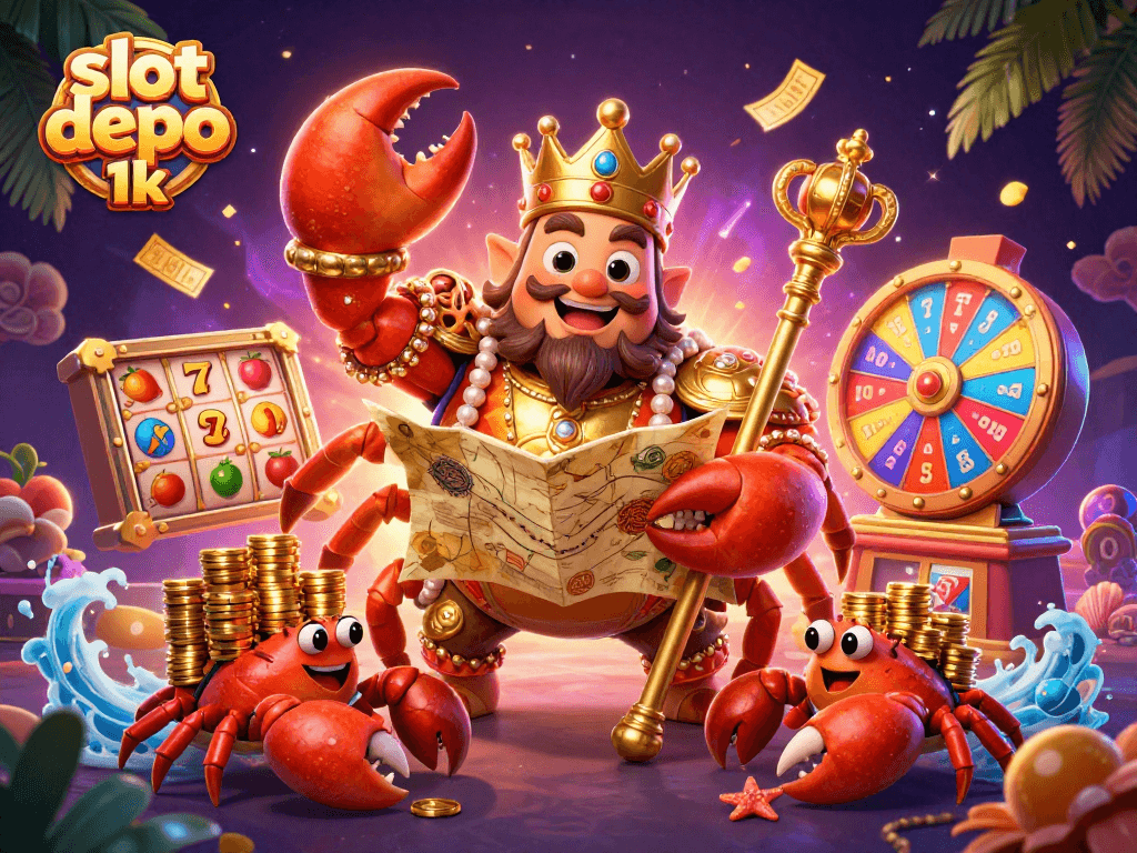 Slot depo 1k menampilkan raja kepiting emas dengan simbol slot dan banyak keberuntungan.