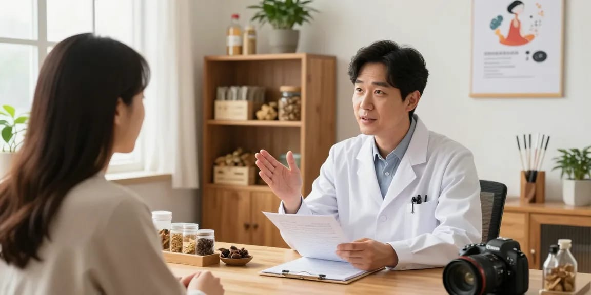 Consultation at 영통한의원 showing a doctor and patient in a warm health clinic setting.