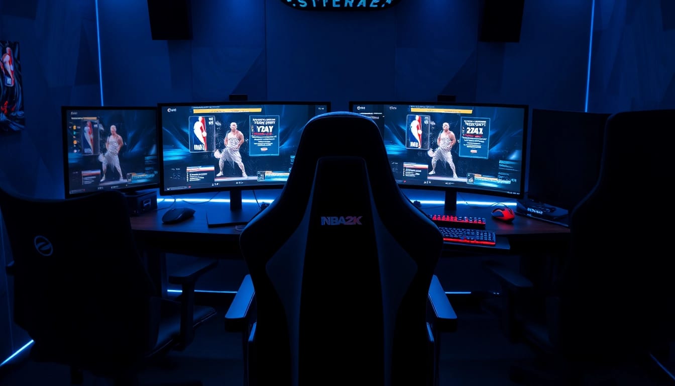 Experience the thrill of the Best nba2k zen script with an immersive gaming setup featuring dual monitors and gaming peripherals.