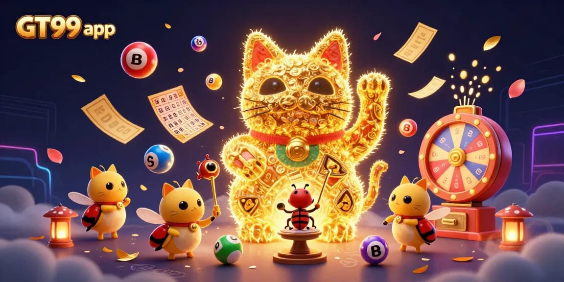 Experience the excitement of the GT99 app with a vibrant illustration of a lucky cat and casino symbols.