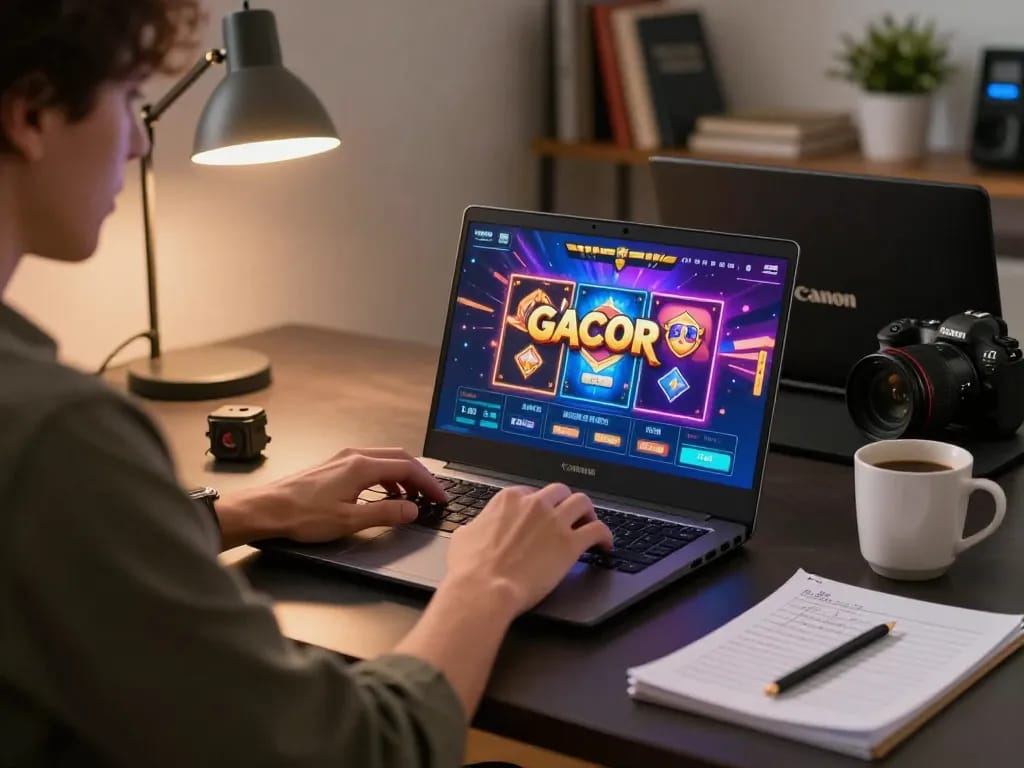 Player engaging with slot gacor on a laptop, highlighting immersive online gaming experience.