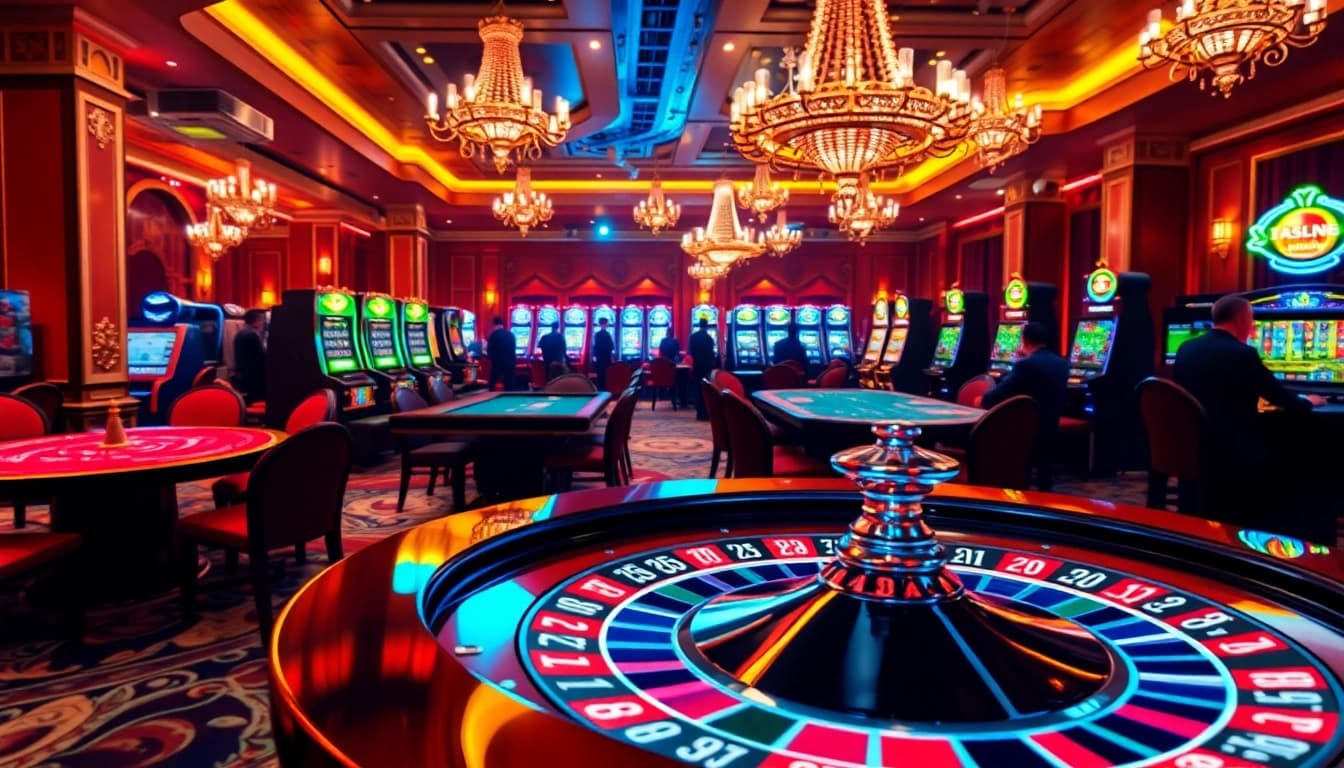 Excitement at nhà cái rr88 with players engaging at roulette and poker tables in a luxurious casino environment.