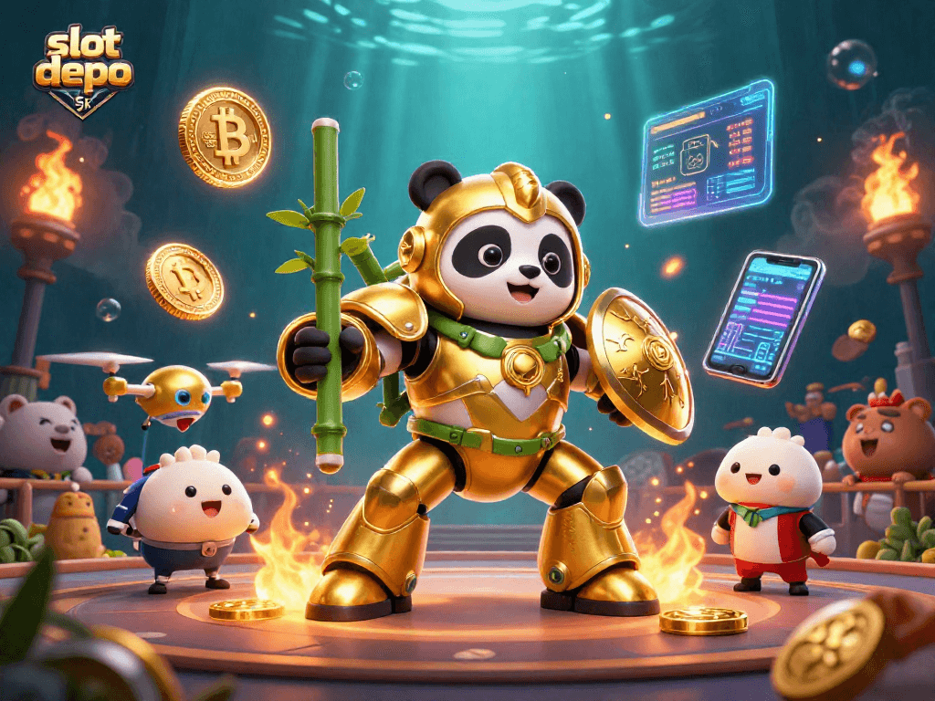 Engage in thrilling gameplay with slot depo 5k featuring an arena of animated characters and crypto elements.
