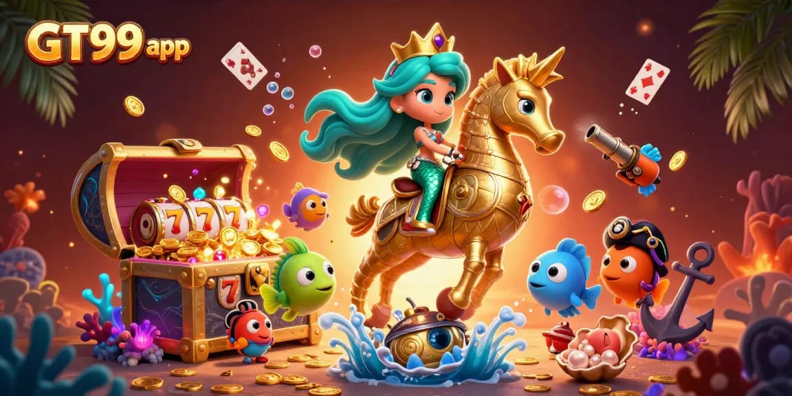 Experience the excitement of the GT99 app, featuring a lavish underwater casino scene with vibrant characters and dynamic game elements.