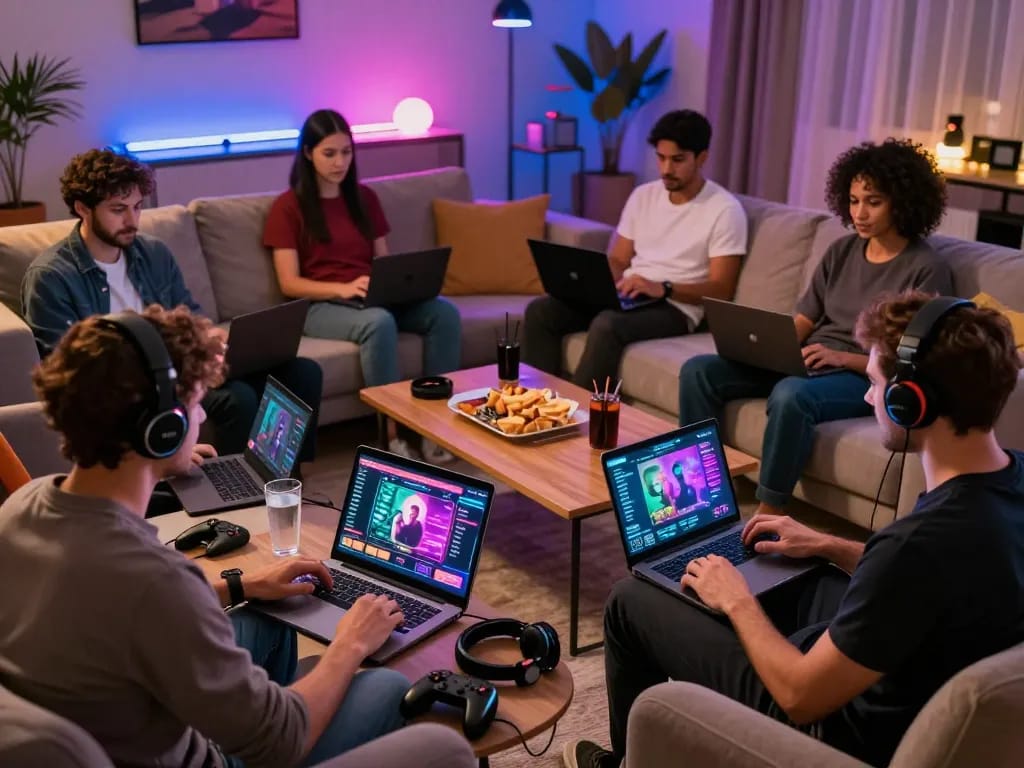 Adults enjoying immersive sex games online in a cozy gaming lounge.