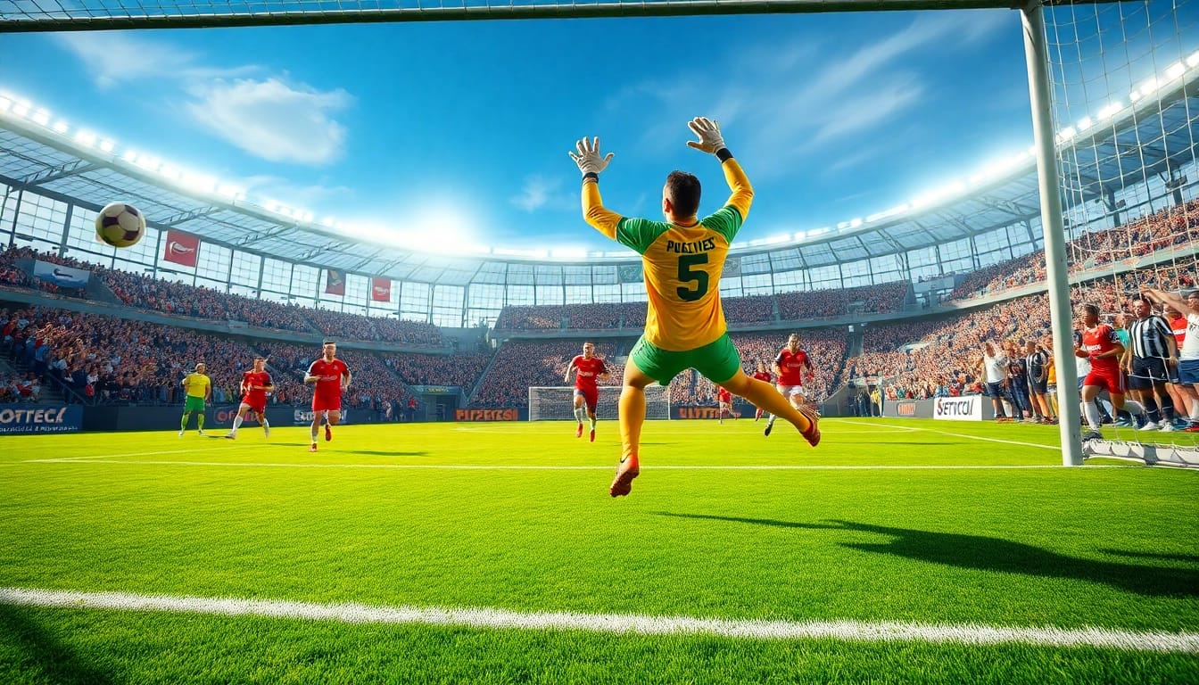 Goalkeeper making a stellar save in an exciting soccer match, showcasing บานผลบอล action and intensity.