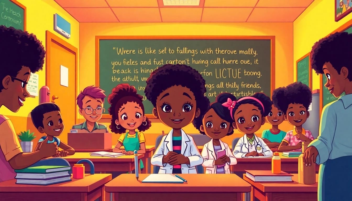 A colorful classroom scene featuring iconic African American cartoons, celebrating diversity in animation.