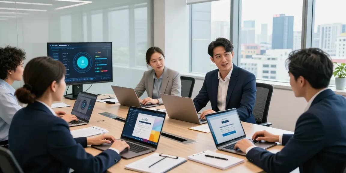 Colleagues exploring rokok88 login at a modern office conference table amidst digital displays and urban skyline views.