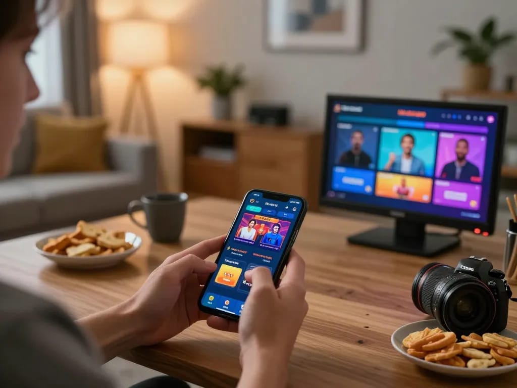 Engaging with hitclubapk app on smartphone in a cozy home environment while enjoying snacks and evening light.