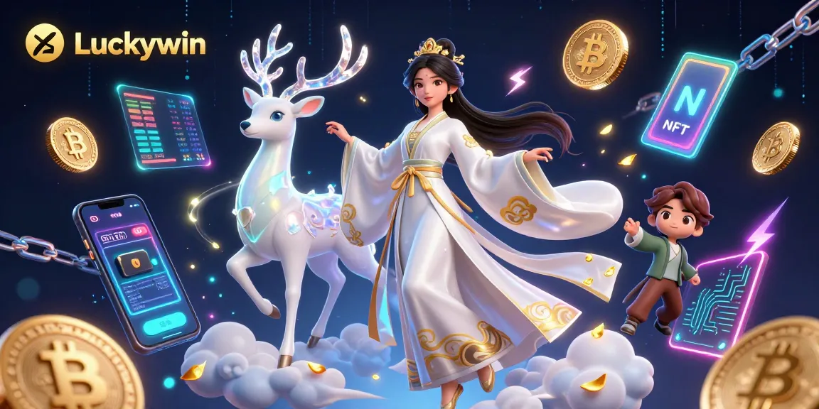 Luckywin showcases an energetic scene with vibrant 3D characters and dynamic gambling elements.