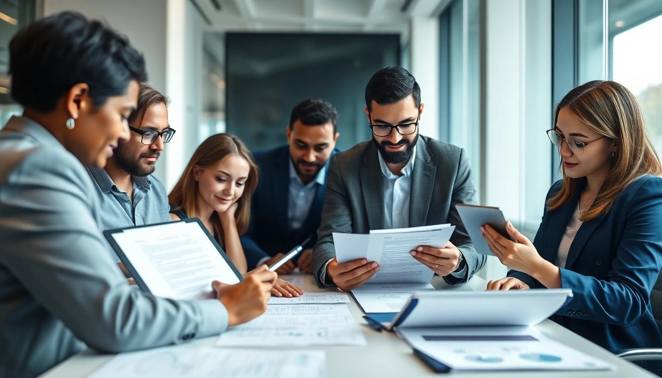 Efficient contract management team collaborating on digital documents in a modern office.