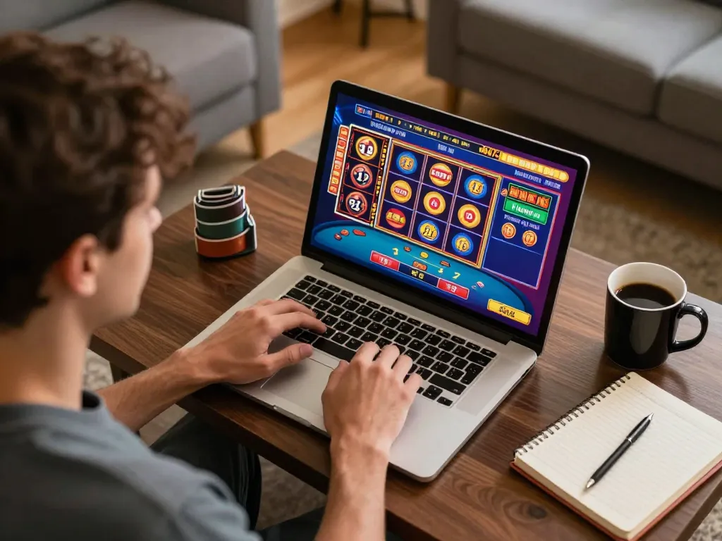 Engaging online gaming scene featuring slot server thailand gameplay with a player focused at home.
