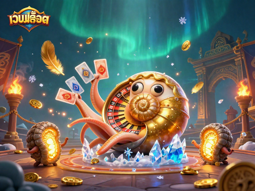 Engage with เว็บสล็อต in an energetic casino scene featuring a nautilus roulette wheel.