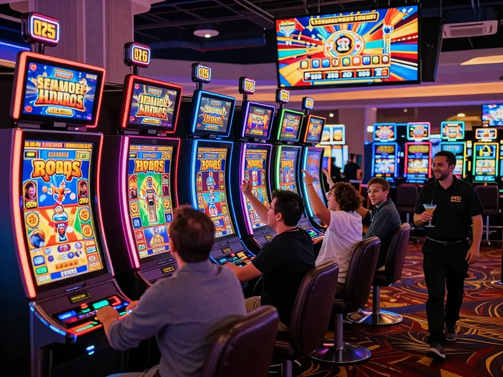 Mesin slot link yang menarik dengan pemain merayakan kemenangan dalam suasana kasino yang hidup.