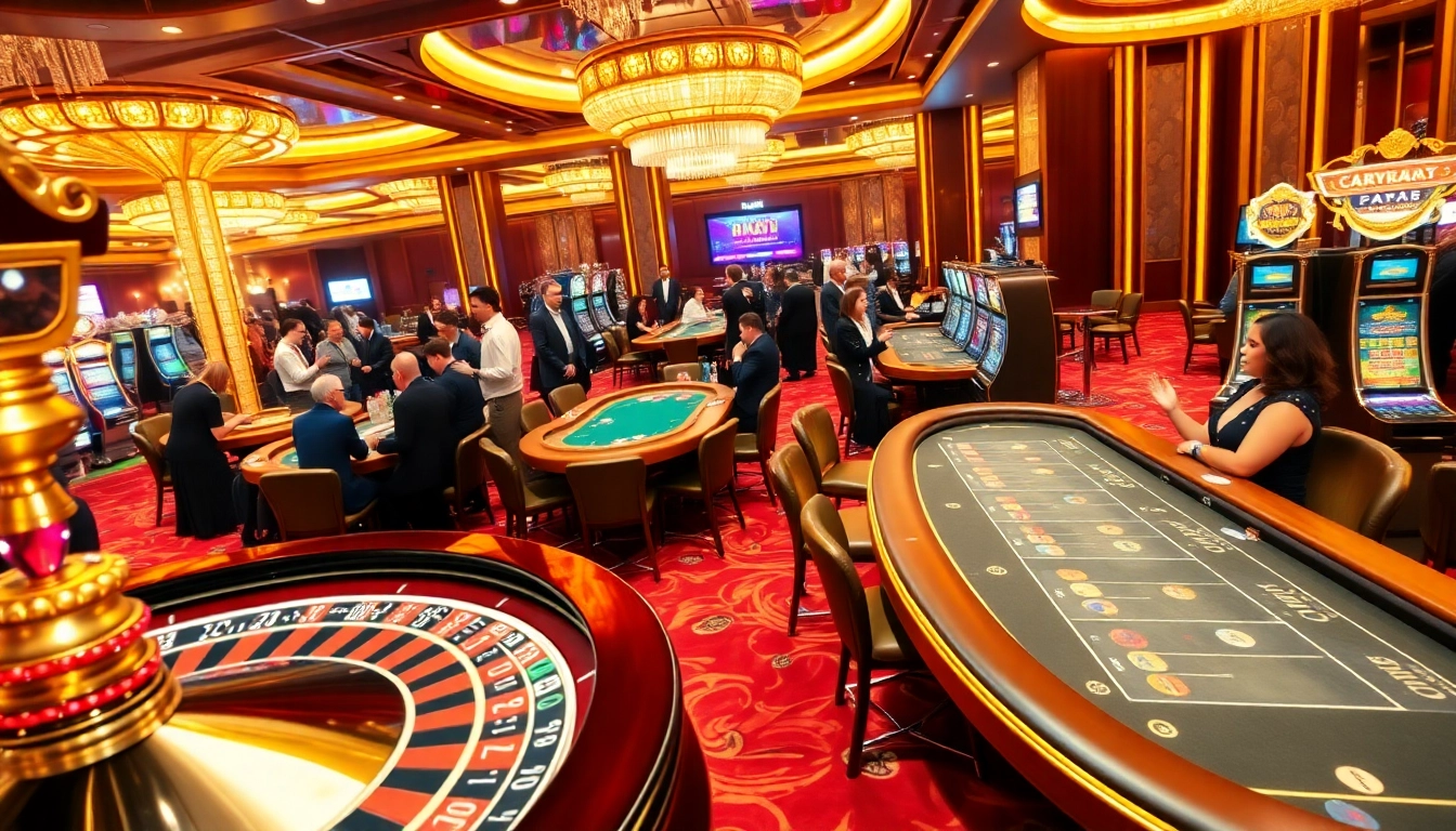 Players enjoy a thrilling game at BK8THAI casino, featuring vibrant tables and slot machines.