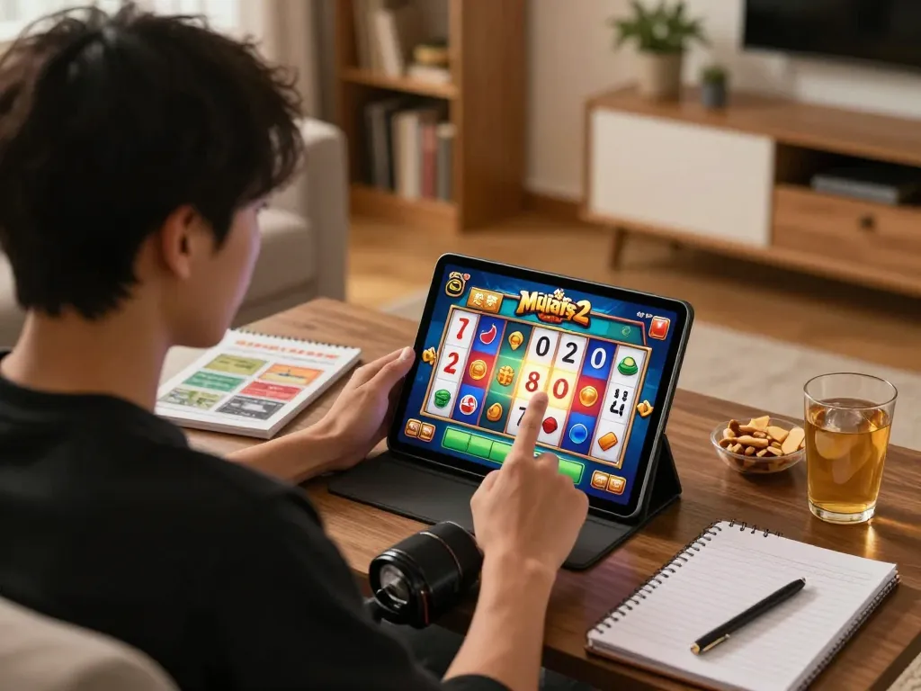 Engaging with Mahjong Ways 2 slot game on a tablet in a cozy living room setting, showcasing responsible gaming.