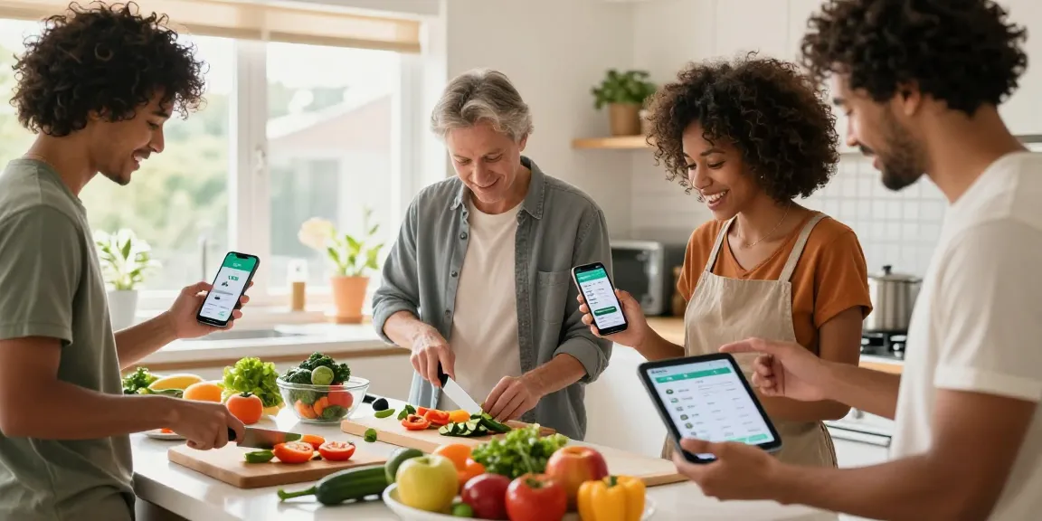 Healthy meal preparation scene with participants using best calorie tracking apps in a vibrant kitchen.