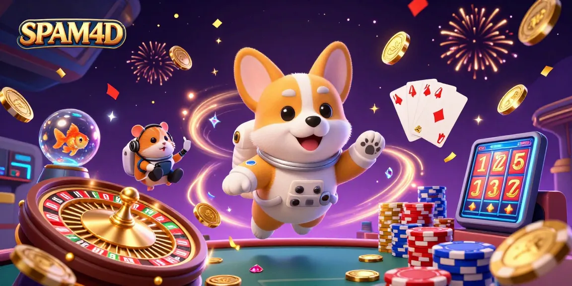SPAM4D mempersembahkan gambaran slot online dengan warna emas yang cerah dan karakter mengambang di kasino luar angkasa.
