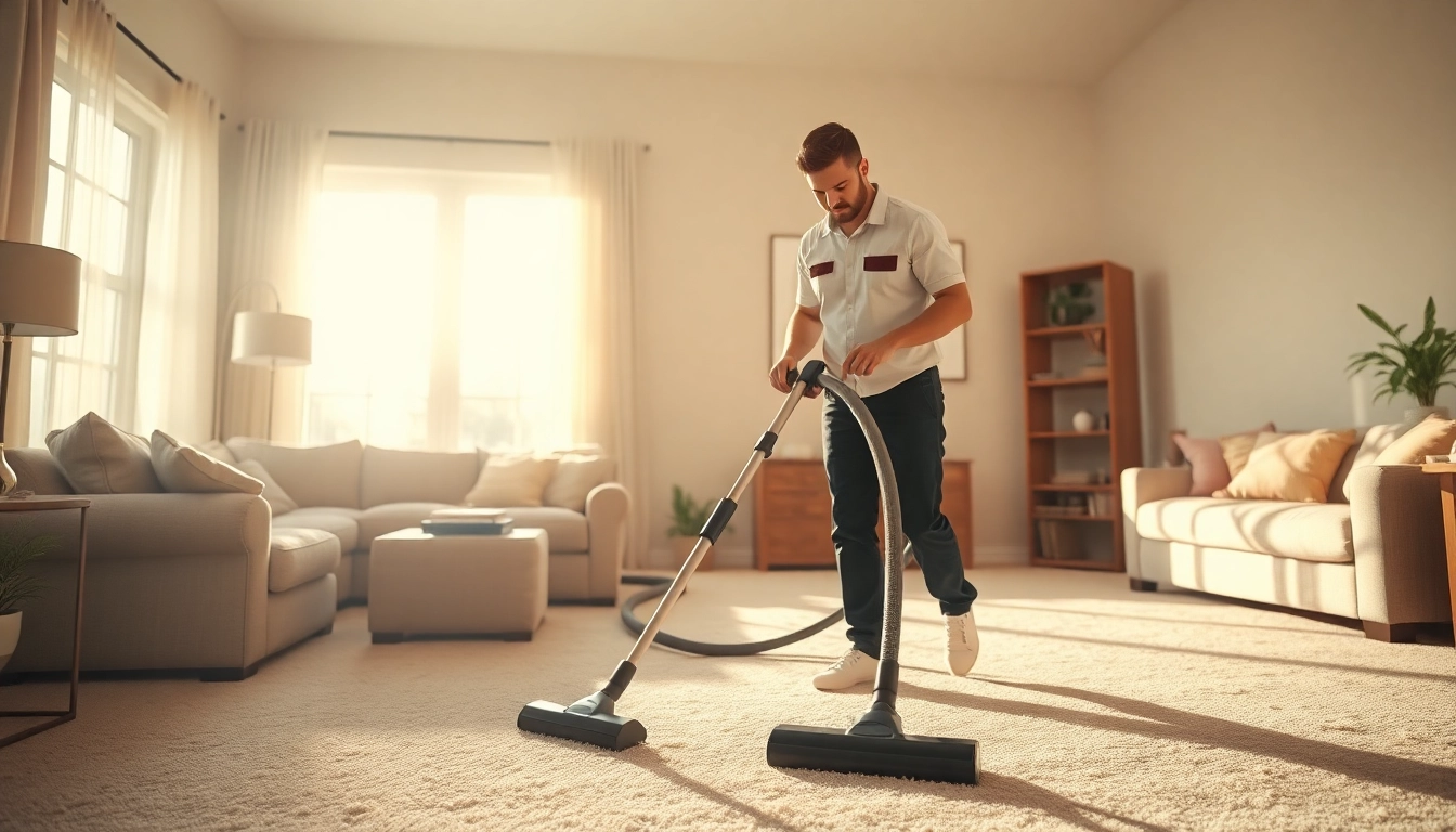 Best carpet cleaning company expert performing detailed cleaning in a bright living room.