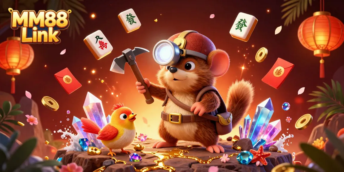 Experience the thrill of MM88 Link through vivid 3D casino gaming elements like treasure hunters and lucky gems.