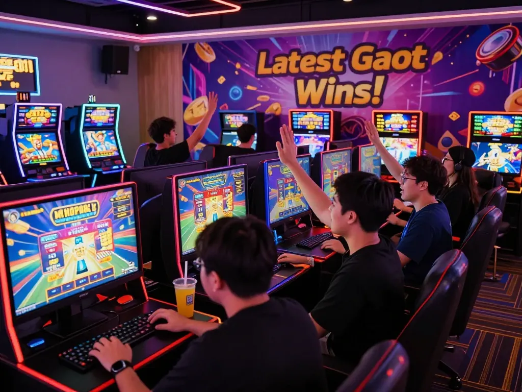 Engaging scene of players enjoying slot gacor hari ini gaming experience celebrating wins in a vibrant game room.