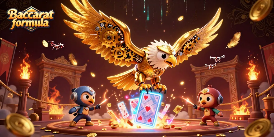 Engage with the exciting Baccarat formula through a dynamic illustration featuring golden eagle immersed in cards.