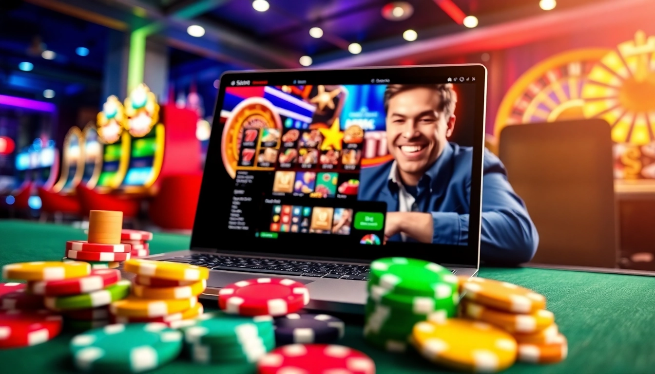 Neue casino bonus ohne einzahlung über aufregenden Casino-Aktionsbereich mit Laptop und Spielchips.
