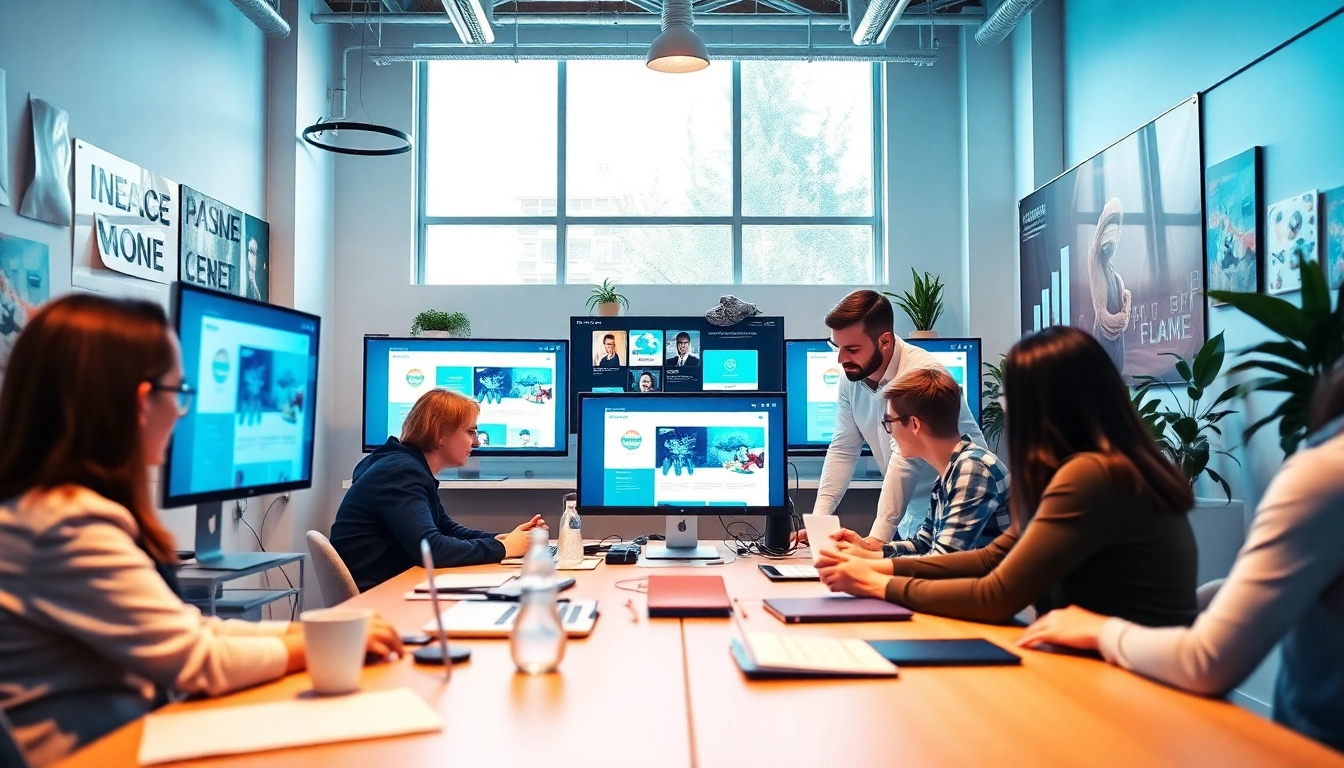 Werbeagentur im kreativen Arbeitsumfeld mit engagiertem Team und digitalen Werkzeugen.