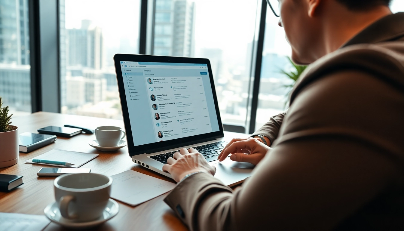 Engage with a linkedin email scraper tool showing data analysis in a modern office.