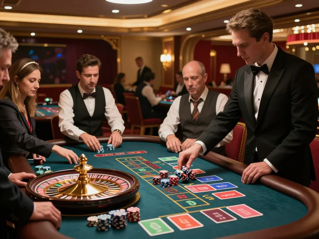 FAFA 828 players engaged at a roulette table, chips and excitement in a luxurious casino setting.