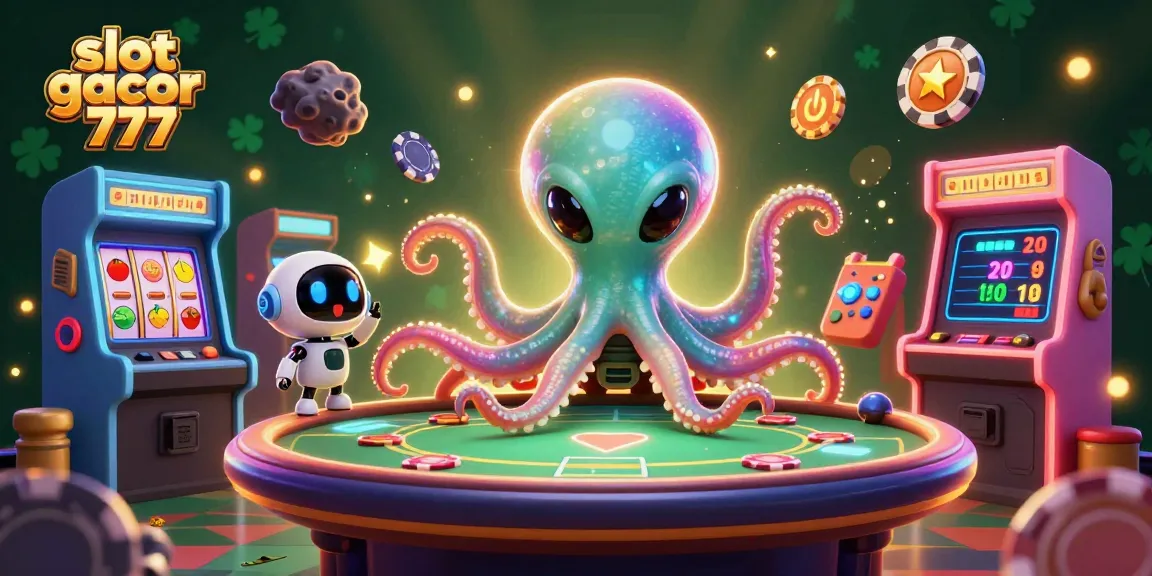 Slot gacor 777 menghadirkan ilustrasi 3D alien dan robot dalam kasino futuristik yang penuh warna.